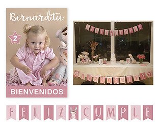  Diseños para cumpleaños de 2: invitación impresa y digital, banderín, fotos para cuadritos, bolsitas y cartel de bienvenida.